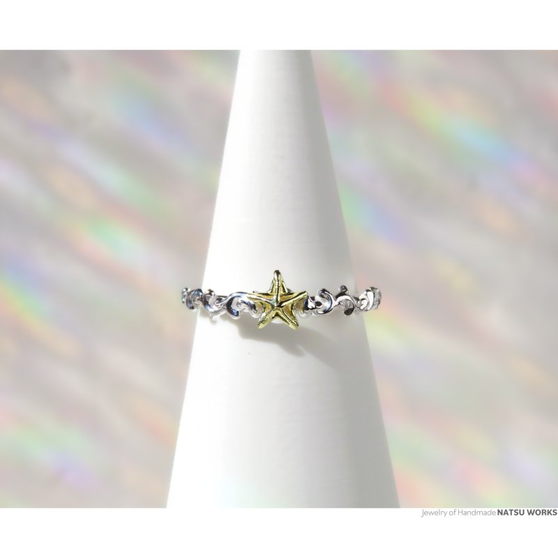 ゴールデン スター リング / Gold Star and Botanical Silver Ring - 戒指 - 寶石 金色