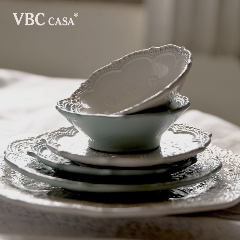 【結婚入厝送禮 優惠套組】手工浮雕蕾絲系列雙人午晚餐7件禮盒組 - 碟/盤子/餐盤 - 陶 多色