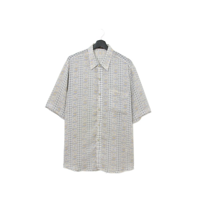 Back to Green-袖花襯衫 藍灰格紋 圓圈交疊 ss-42 vintage shirt - 男襯衫/休閒襯衫 - 絲．絹 