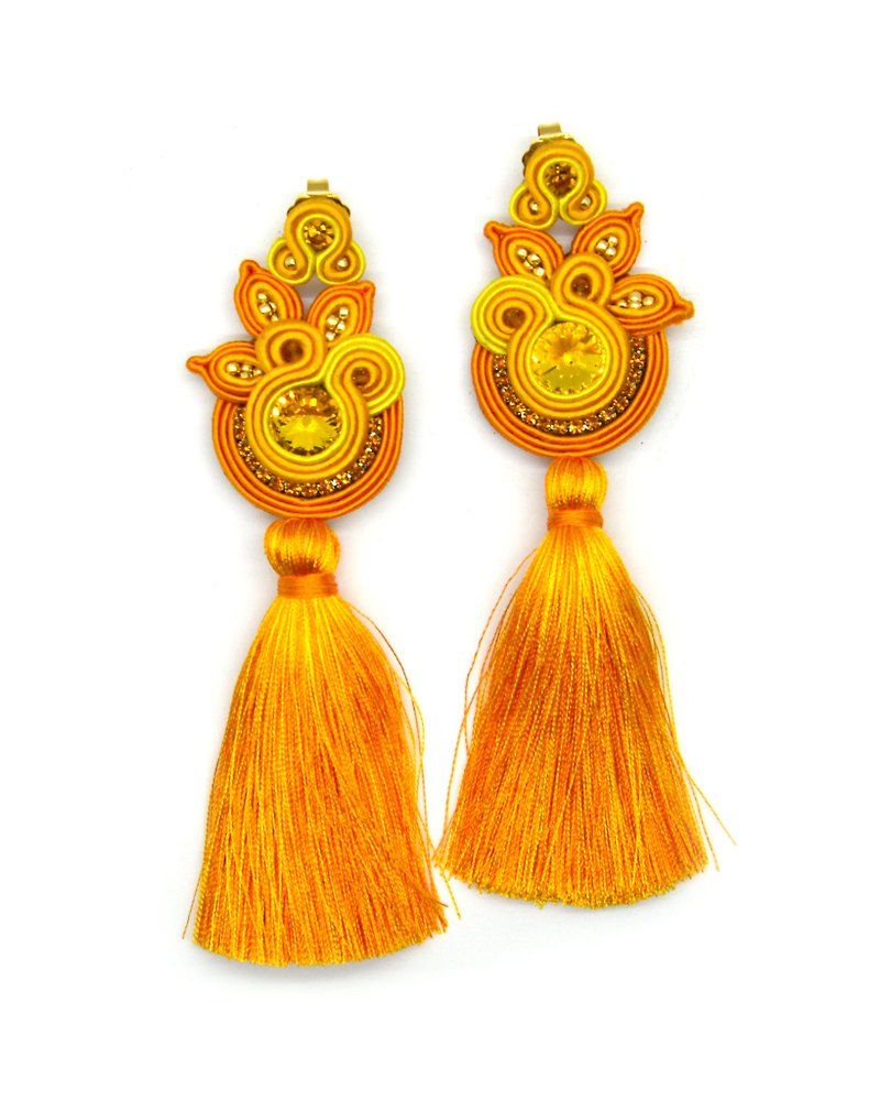 Earrings Bright Floral tassel earrings in yellow Christmas Gift Wrapping - ต่างหู - วัสดุอื่นๆ สีส้ม