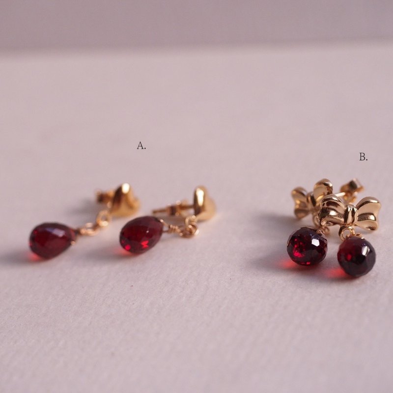 14KGF AA Red Stone studs earrings - ต่างหู - เครื่องประดับพลอย สีแดง