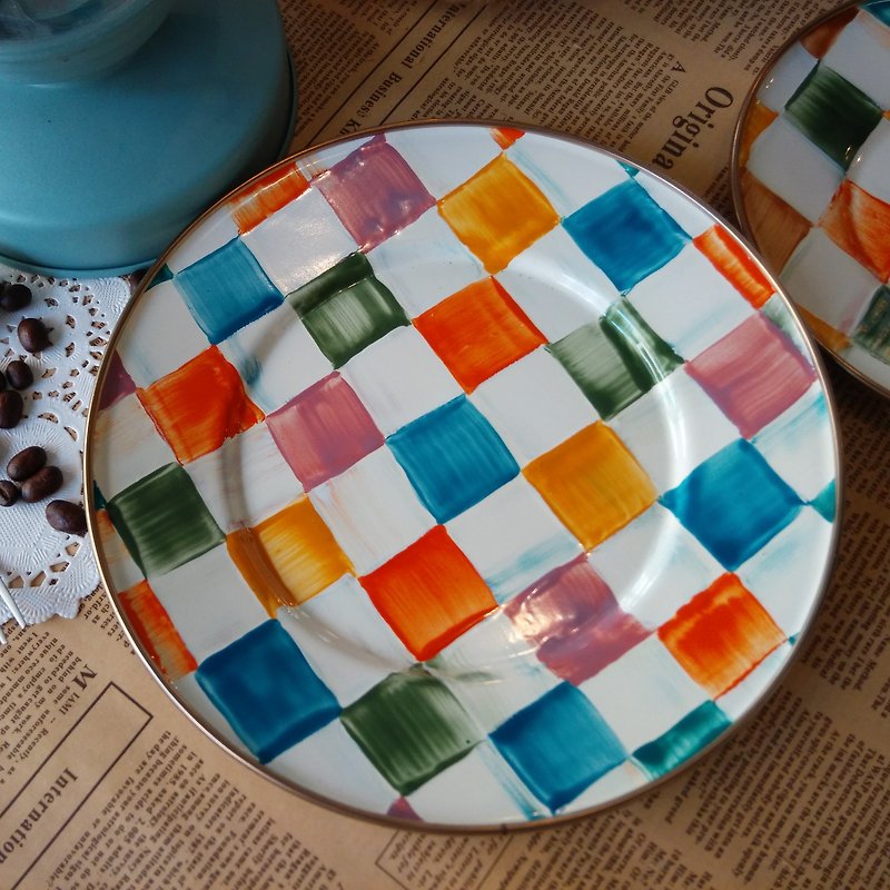 Painted enamel color checkered 8 inch enamel plate gift - จานเล็ก - วัตถุเคลือบ หลากหลายสี