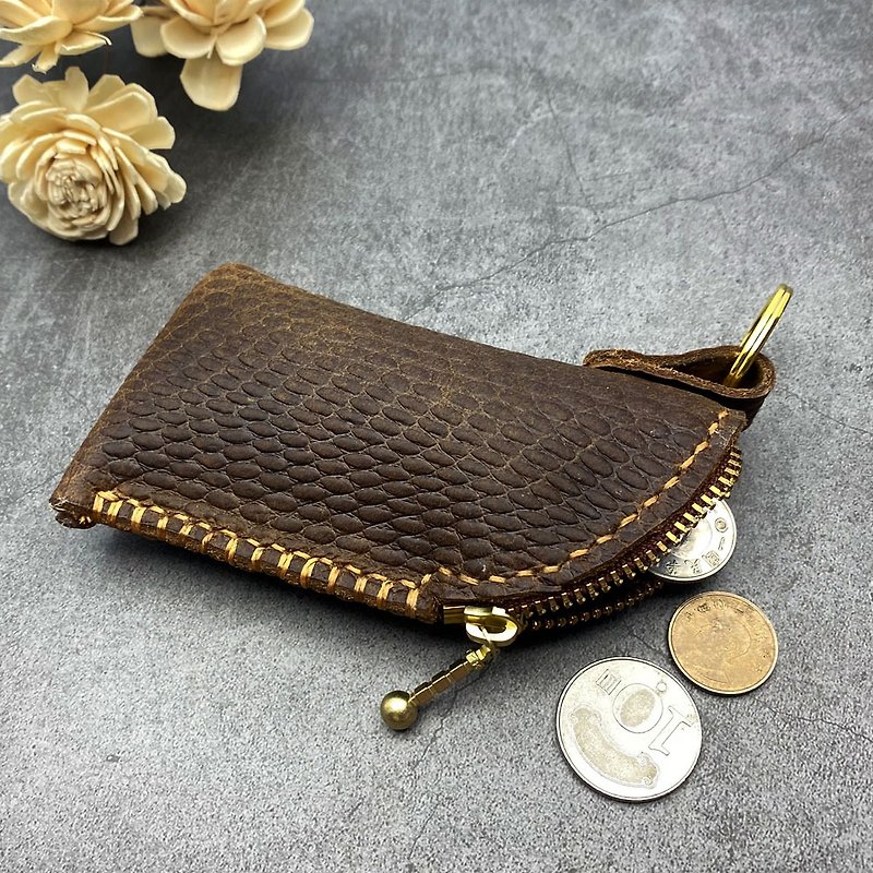 U6.JP6 handmade leather goods - pure hand-sewn imported cowhide (20220405-4) zipper coin purse - Coin Purses - Genuine Leather Brown
