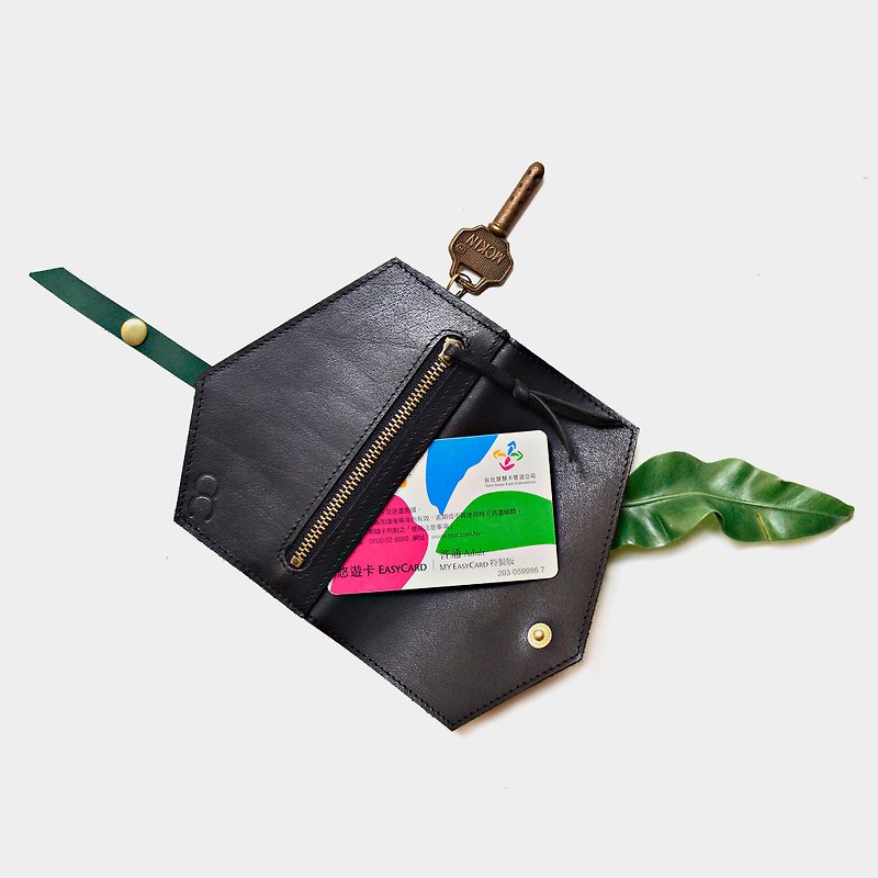 [Material of Jungle Nocturne] Cowhide key case black green leather leisure card credit card holder - ที่ห้อยกุญแจ - หนังแท้ สีดำ