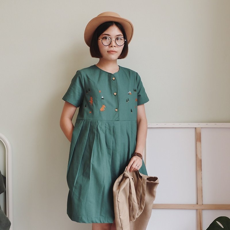 MuMu Dress (Fox Theme) : TreeTop - 連身裙 - 棉．麻 綠色