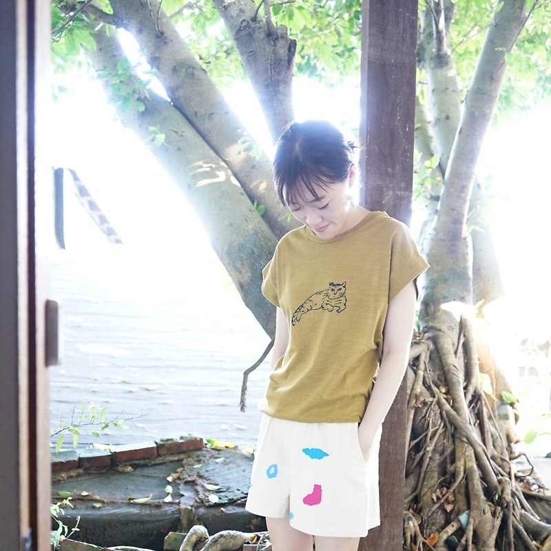 Puppy Apo, hills, mustard yellow cotton, hand-printed wide-sleeved shirt - Women's T-Shirts - Cotton & Hemp Brown