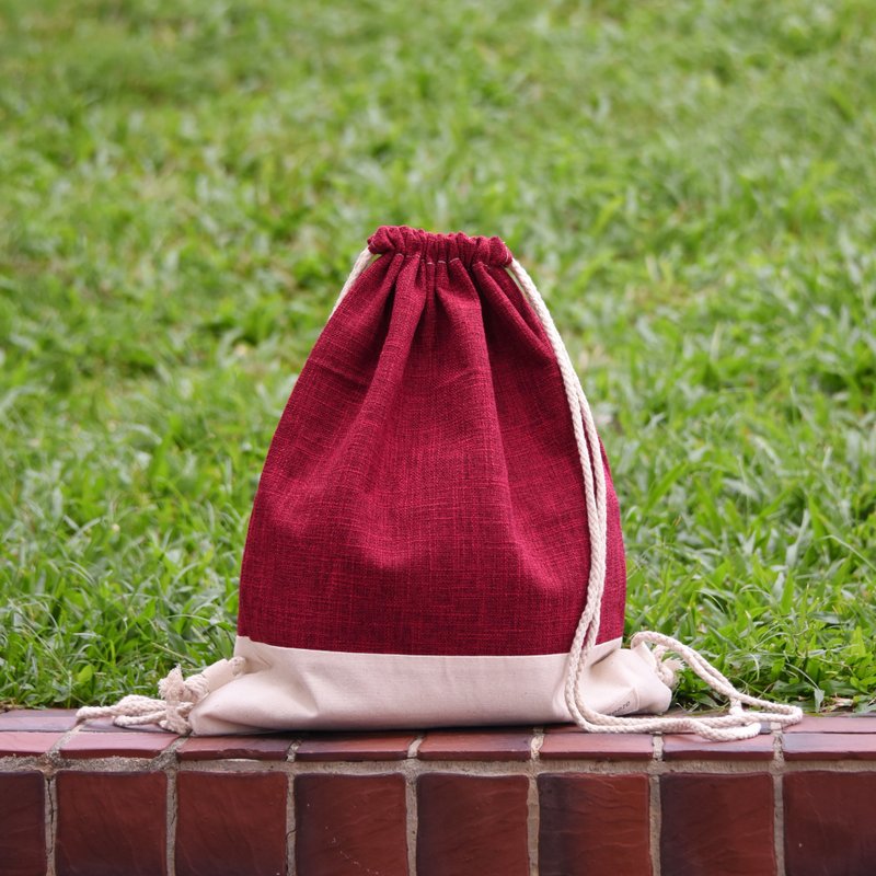 Drawstring backpack/drawstring bag/drawstring pocket~ Linen and linen-red (B188) RS - กระเป๋าหูรูด - ผ้าฝ้าย/ผ้าลินิน สีแดง