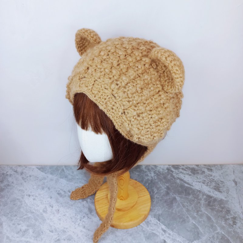 奶茶泡泡小熊髮帶式護耳罩 超寬髮帶帽 - 帽 - 棉．麻 咖啡色