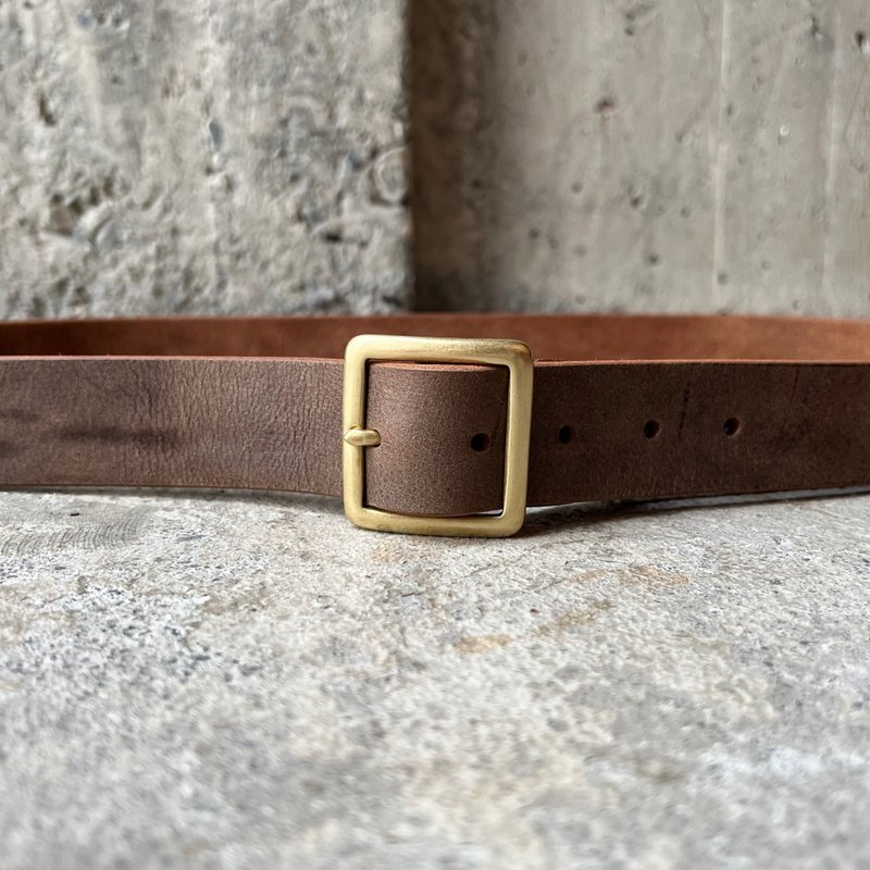 3.5cm wide heavy square head thick belt_Rolling stone coffee gray vegetable tanned cow leather【LBT Pro】 - Belts - Genuine Leather Brown