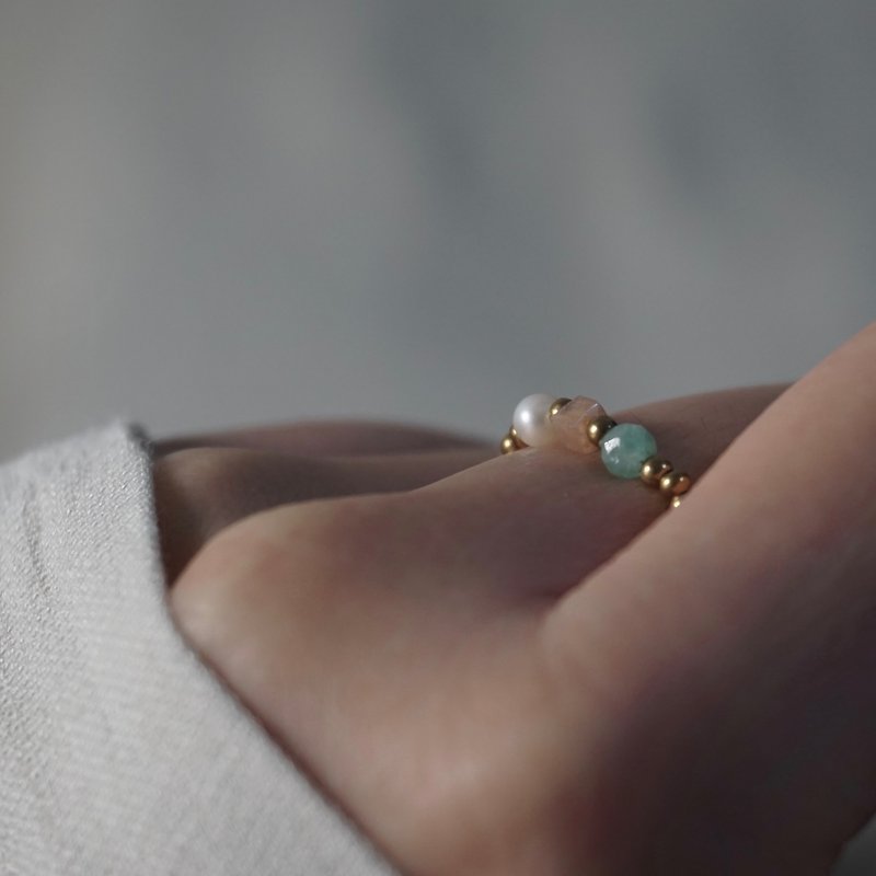 ll 暖陽 戒指 ll 太陽石 祖母綠 淡水珍珠 天然石珍珠戒指 - 戒指 - 半寶石 多色