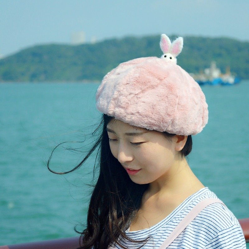 粉嫩毛茸茸貝雷帽 甜美可愛小兔子畫家帽 禮物 - 帽子 - 棉．麻 粉紅色