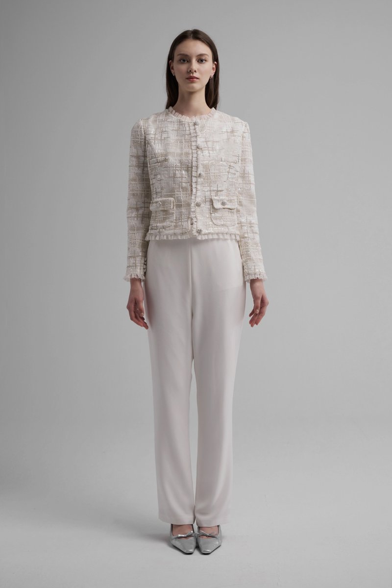 Coco小香風刺繡荷葉邊外套 - 女大衣/外套 - 其他人造纖維 白色