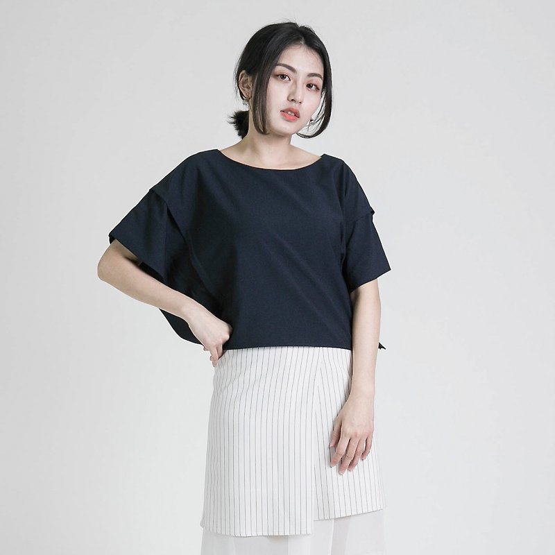 Derrida Tops_8SF005_ Zhang Qing - เสื้อผู้หญิง - ผ้าฝ้าย/ผ้าลินิน สีน้ำเงิน