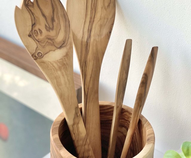 Olive Wood Cutlery Holder and Spoon Set