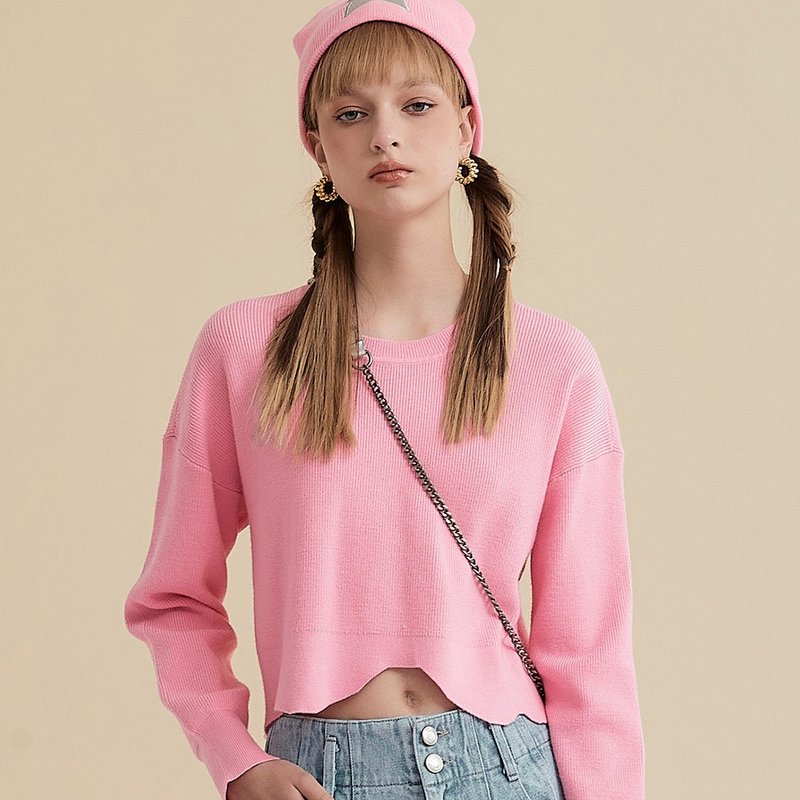 OUWEY spicy petal hem short knitted top (pink) 3234195004 - สเวตเตอร์ผู้หญิง - วัสดุอื่นๆ 