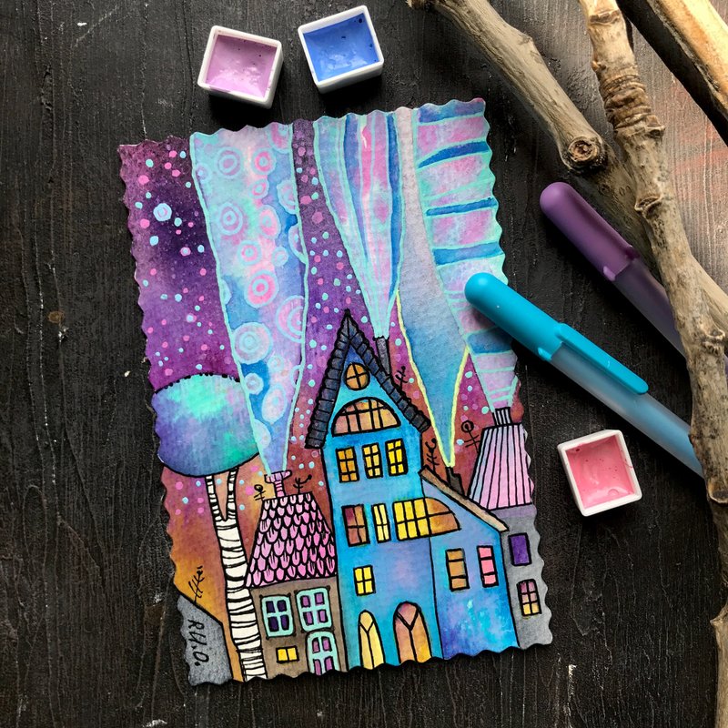 Houses painting Fantasy Original watercolor card Miniature art by Rubinova - โปสเตอร์ - กระดาษ หลากหลายสี