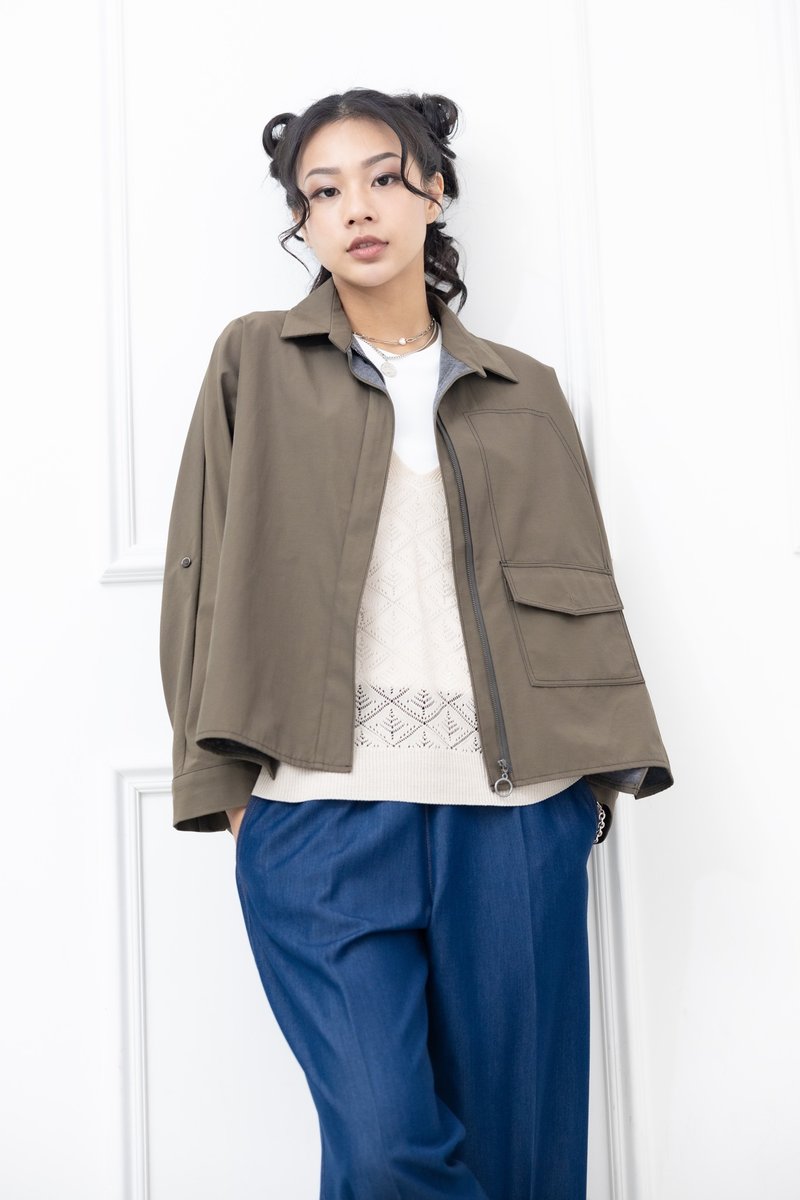 襯衫領不規則剪裁外套 軍綠色 - 女大衣/外套 - 其他材質 綠色