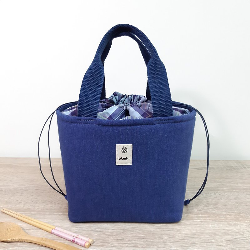 Insulation lunch bag / bundle mouth bag / lunch bag / carry bag / blue gray plaid - Handbags & Totes - Cotton & Hemp Blue