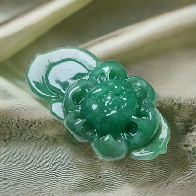 滿綠翡翠牡丹花 | 裸石  | 天然緬甸玉A貨翡翠 | 送禮 - 項鍊 - 玉石 綠色