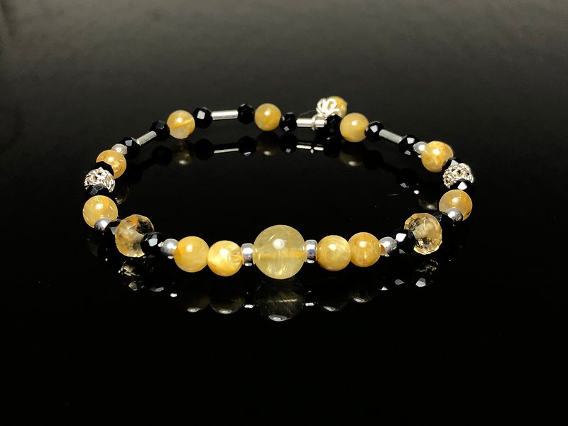 Fast shipping natural golden hair crystal + black spinel citrine 925 Silver bracelet