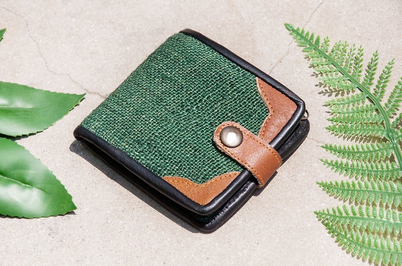 Cotton Linen hand-woven leather wallet short clip wallet short wallet purse woven - green grassland