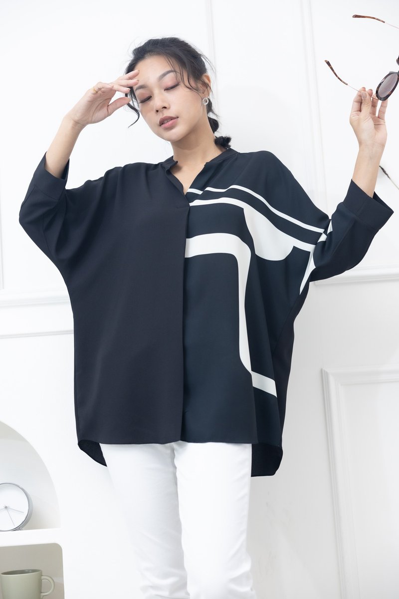 中山領左半部白線上衣 黑色 - 女上衣/長袖上衣 - 其他材質 黑色