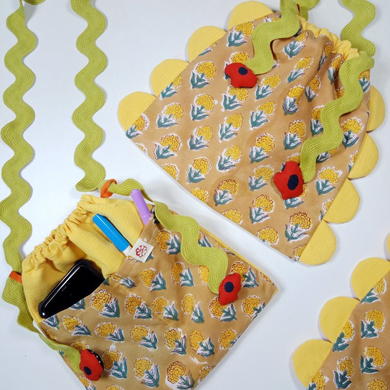 Cotton & Hemp Messenger Bags & Sling Bags Brown - Little cute flower shoulder bag, hand block printed, floral pattern, zigzag tape