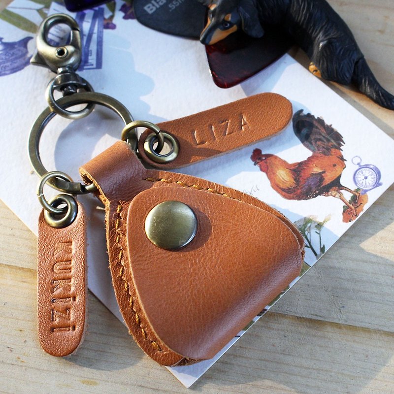 Handmade Leather Guitar / Bass Pick Case - Beige / Key Ring / Personalized - Keychains - Genuine Leather Brown