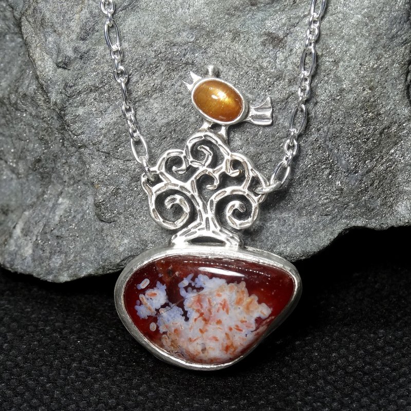 Pendant, Necklace, Sunstone, Red Agate, Bird, Sterling Silver, Handmade Jewelry - Necklaces - Gemstone 