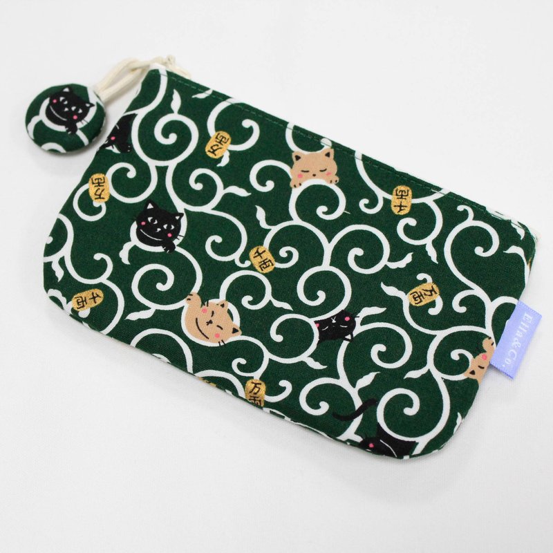 [Japanese medium-thick cotton] Japanese Lucky Meow Meow# medium-sized storage bag - Toiletry Bags & Pouches - Cotton & Hemp Green