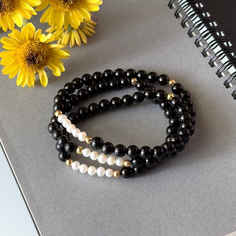 [Three Rings] Black Agate | Freshwater Pearl | Gold-plated three-ring thin bracelet can be used as a necklace - Bracelets - Semi-Precious Stones Black