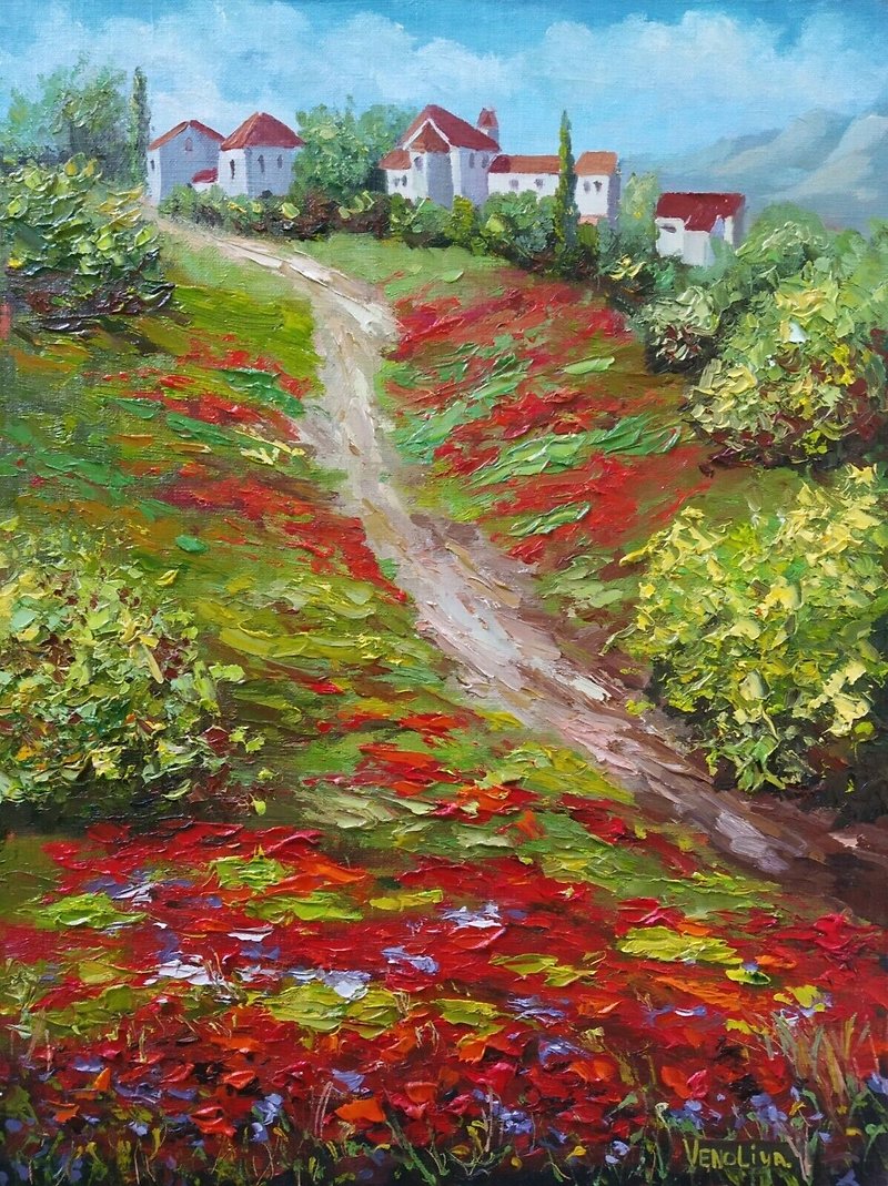 キャンバス上のオリジナル油絵トスカーナの風景ケシ畑 40 x 30 cm - ウォールデコ・壁紙 - その他の素材 多色