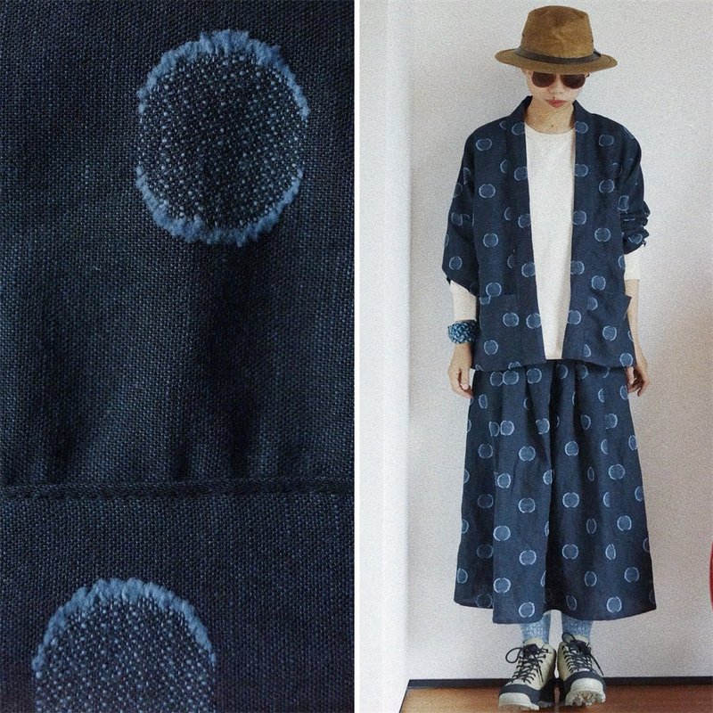 Navy Blue Textured Wool Polka Dot Navy Linen Japanese Noragi Kimono Jacket Unisex Cotton Linen Short Outerwear - เสื้อแจ็คเก็ต - ผ้าฝ้าย/ผ้าลินิน สีน้ำเงิน