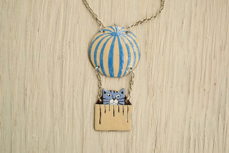 Enamel Necklace, Cat Necklace, Cat Pendant, Air Balloon, Cat With Air Balloon - 項鍊 - 琺瑯 藍色