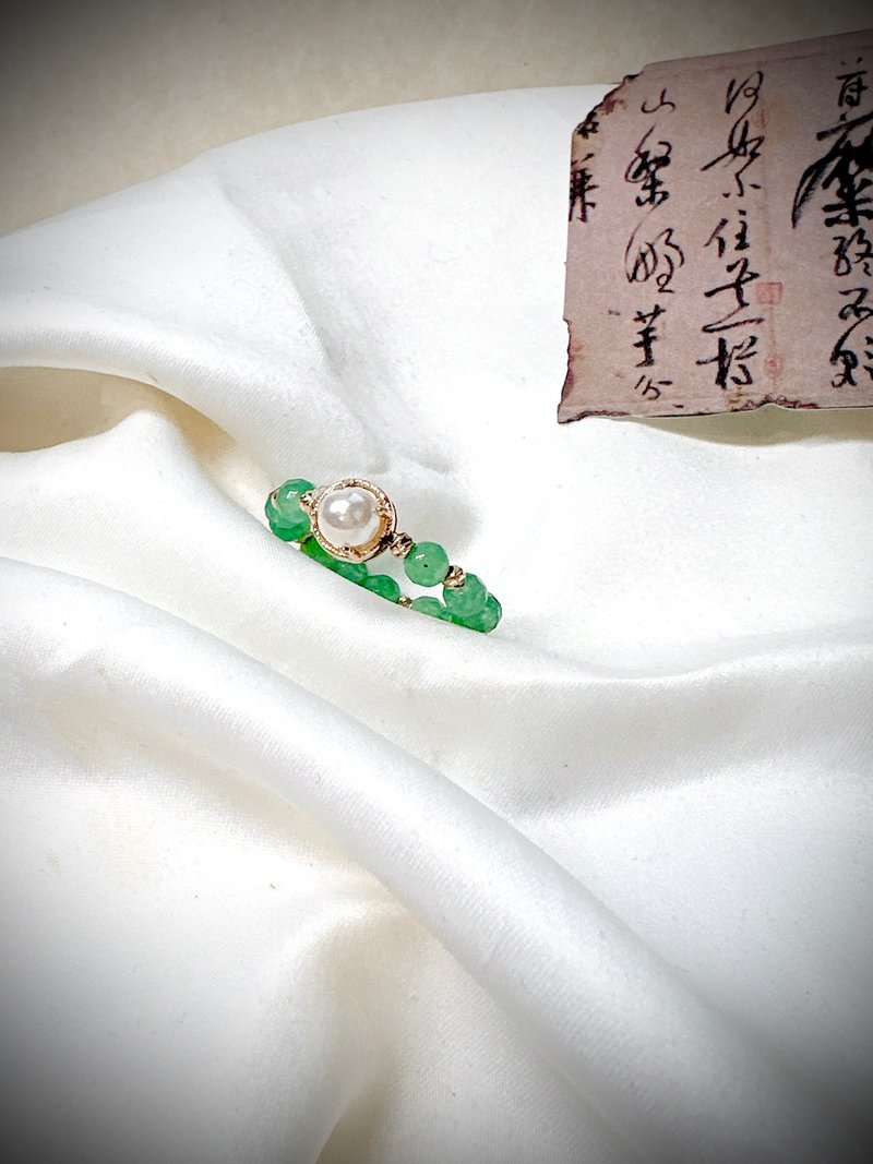 天然綠瑪瑙施華洛強光小燈泡珍珠18k金氣質高雅戒指戒環 - 戒指 - 玉石 綠色
