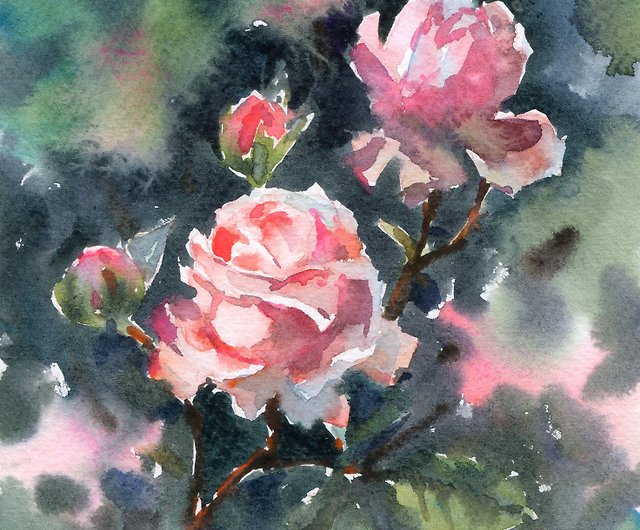 ピンクのバラの枝水彩画の絵画YuliaEvsyukovaによるオリジナルアート