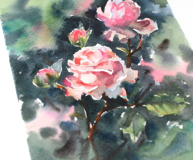 ピンクのバラの枝水彩画の絵画YuliaEvsyukovaによるオリジナルアート 