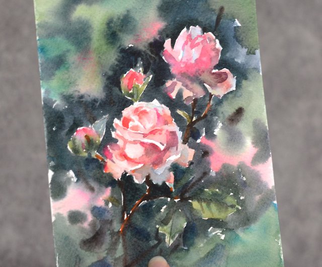 ピンクのバラの枝水彩画の絵画YuliaEvsyukovaによるオリジナルアート 