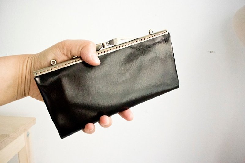 Leather Kisslock Clutch, Wallet, Frame Purse, Long Wallet/black - Wallets - Genuine Leather Black