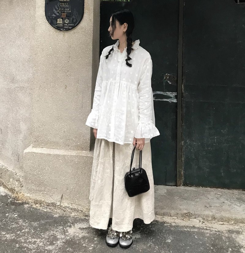 苧麻點點 花邊娃娃衫上衣 可客製 - 女上衣/長袖上衣 - 其他材質 白色