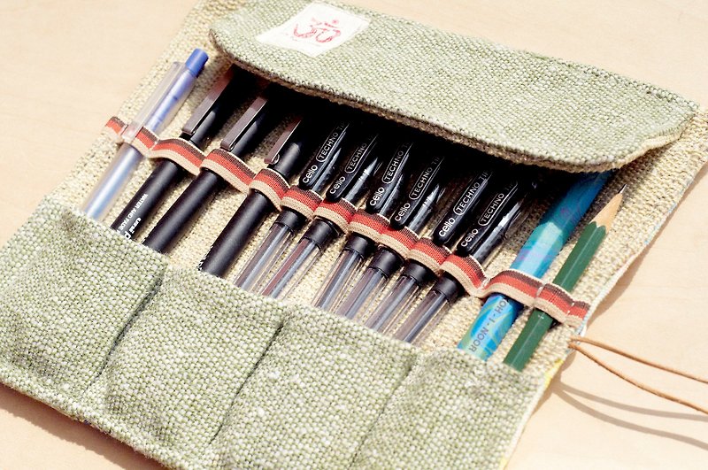 Colorful hand-feel roll pen case/hand-feel scroll/spring roll pen case-pen water color house brown elastic line - Pencil Cases - Cotton & Hemp Multicolor