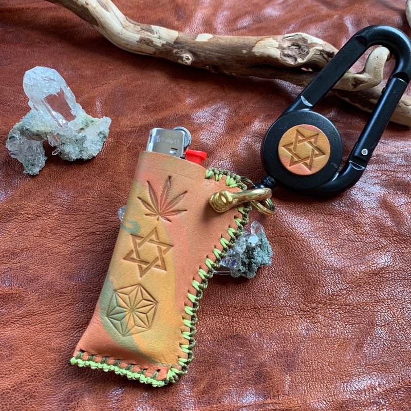 -Weed, Hexagram, Hemp Leaf- Marbled Leather Bic Lighter Cover - Other - Genuine Leather Red