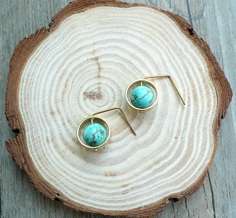 Misssheep- BN11- Green Planet Pin Ear Simple Brass Turquoise Earrings - ต่างหู - โลหะ 