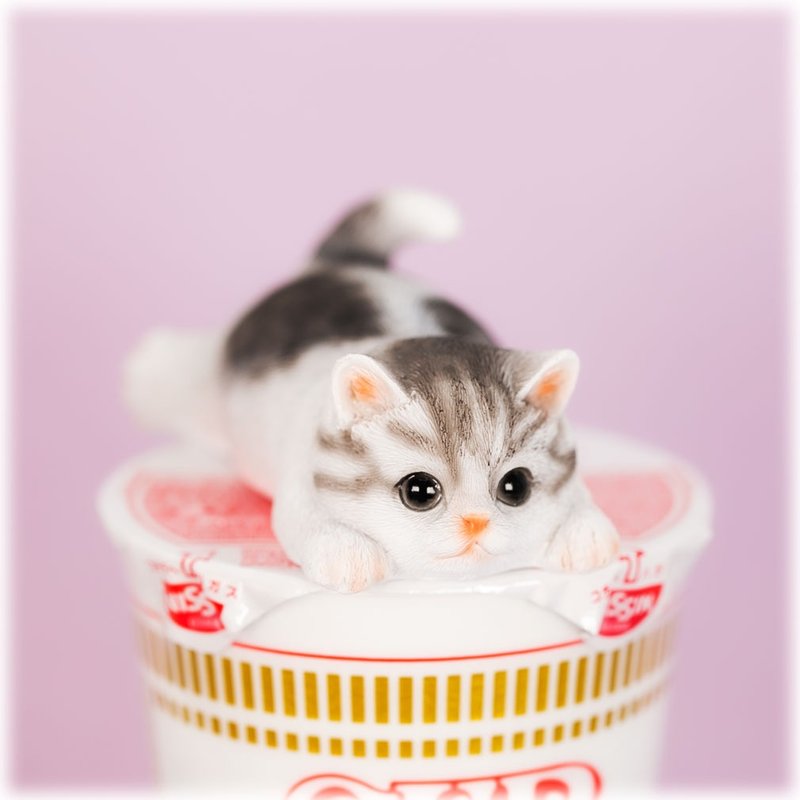 動物泡麵蓋擺飾附磁鐵 / 灰色虎斑貓款 / 母親節  生日禮物 - 擺飾/家飾品 - 樹脂 灰色