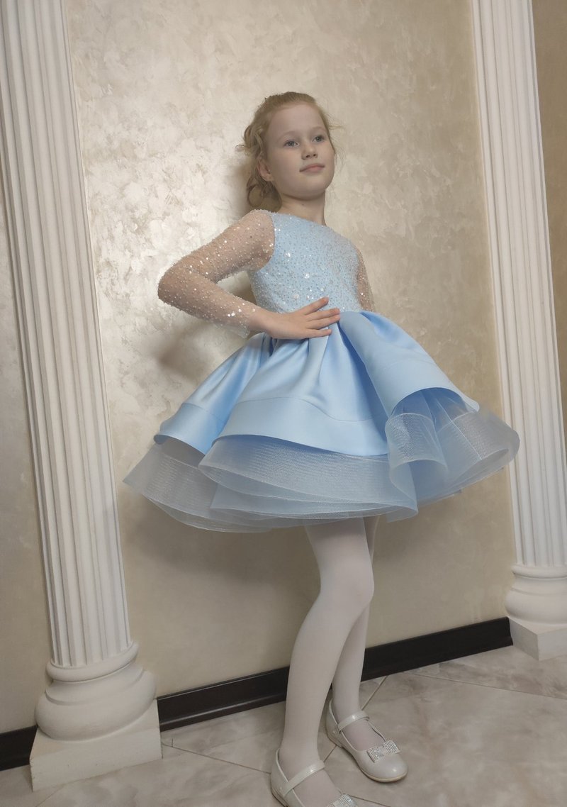 satin flower girl short blue dress with sequin netting for wedding, birthday - ชุดเด็ก - วัสดุอื่นๆ หลากหลายสี