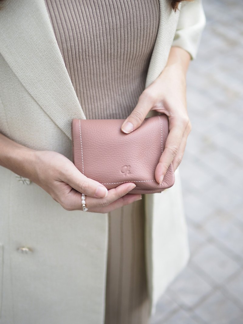 Souffle 真牛皮摺疊錢包/短夾 ;柔軟的觸感 - 裸粉色 - 銀包 - 真皮 粉紅色