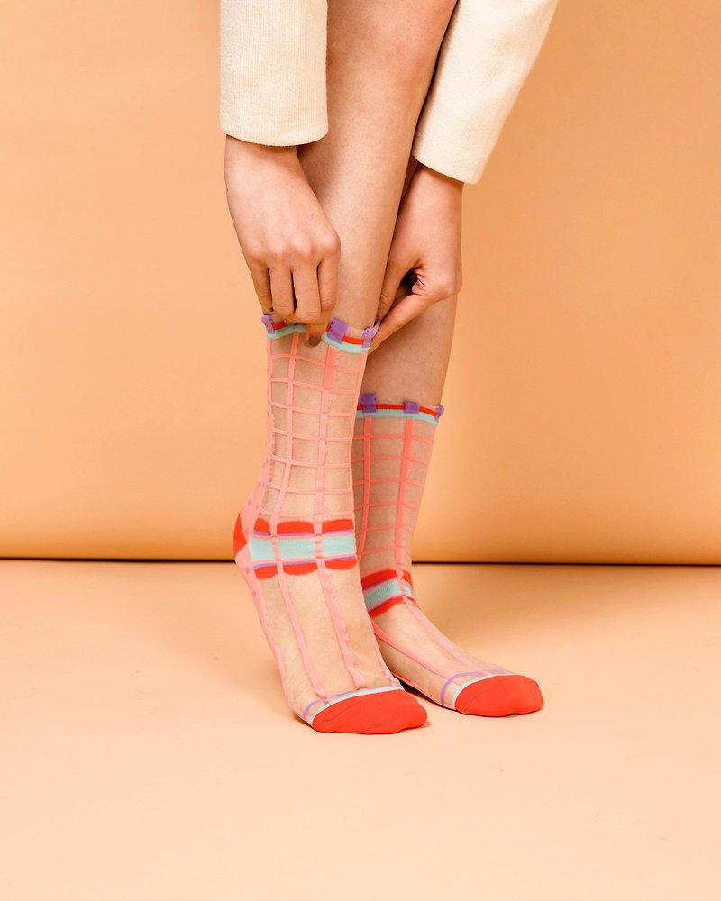幾何系列 | 鮭魚粉 -【台灣製】點點格子透紗中筒襪 - Socks - Nylon Multicolor