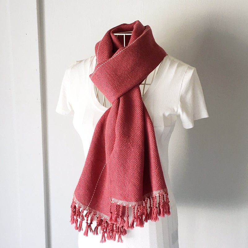 Unisex handwoven scarf Cherry with White lines - Knit Scarves & Wraps - Wool Pink