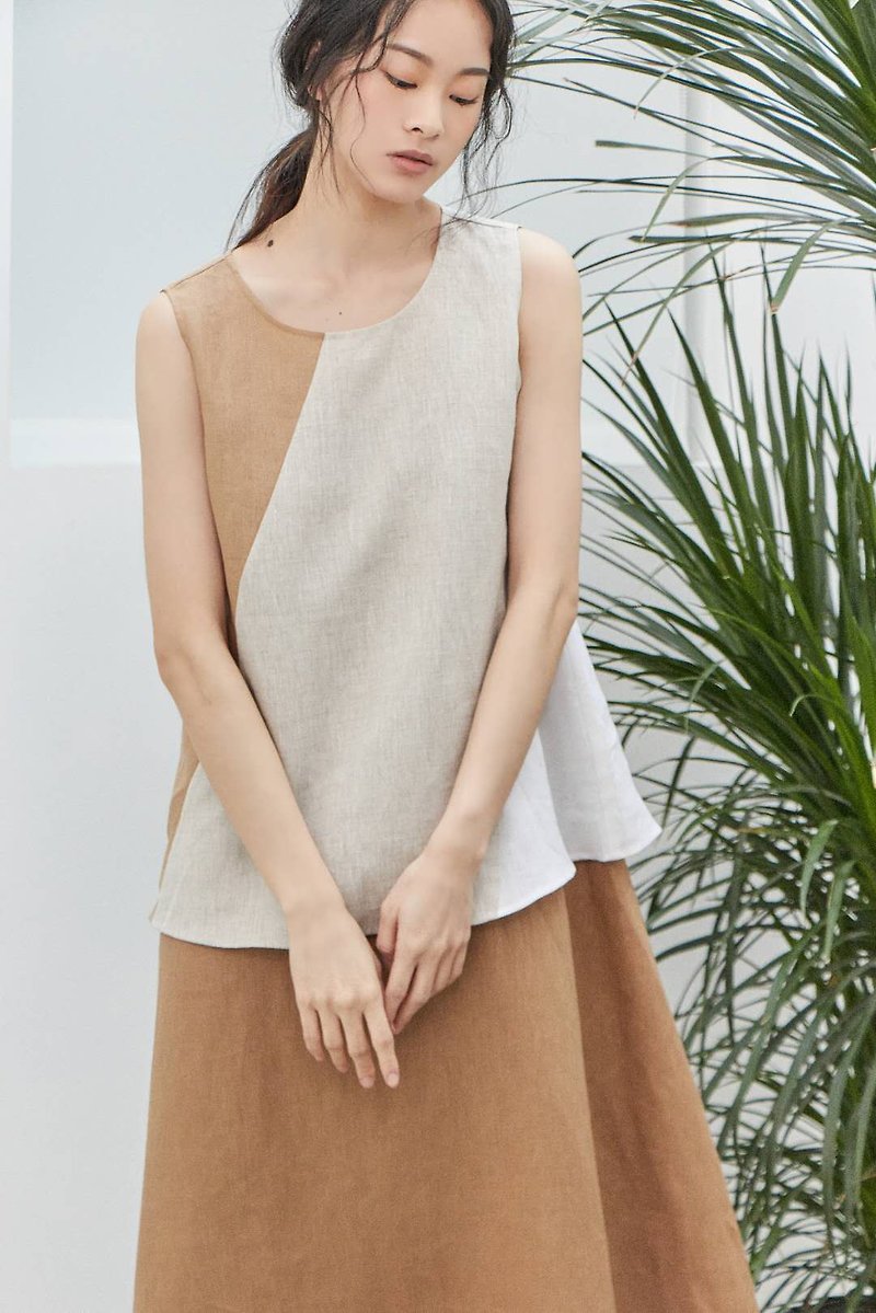 Linen mixed color vest [CONTRAST card] - เสื้อกั๊กผู้หญิง - ผ้าฝ้าย/ผ้าลินิน สีกากี