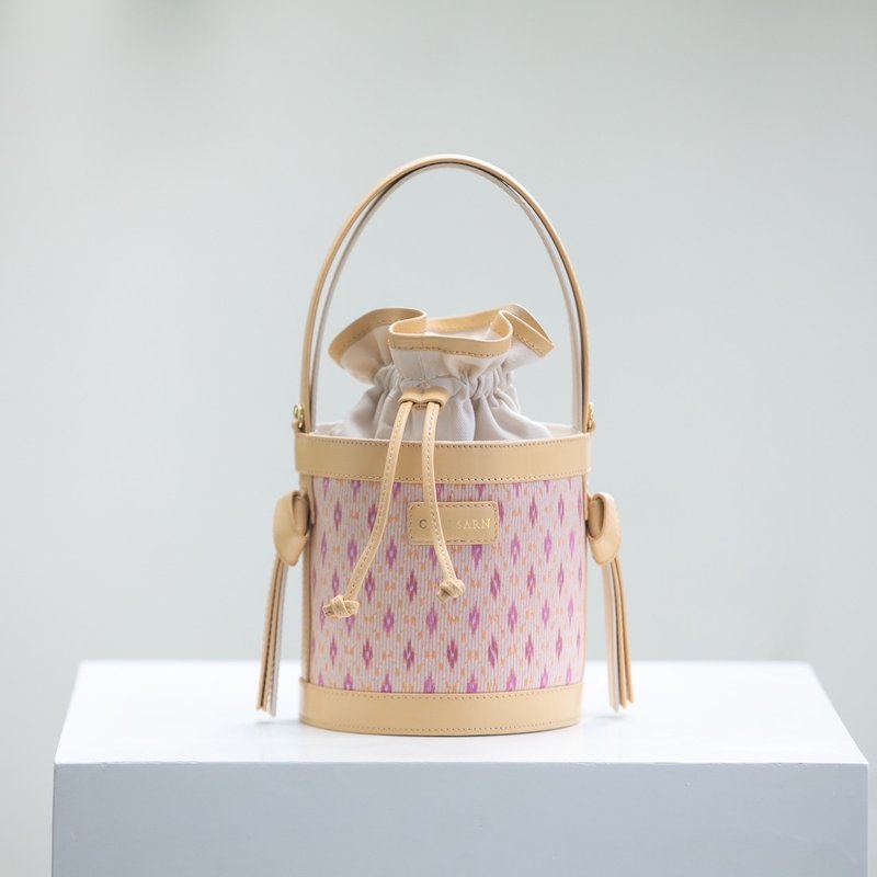 Chaksarn Mini Bucket: Pink Silk with Cream Genuine Cowhide Leather - Handbags & Totes - Genuine Leather Pink